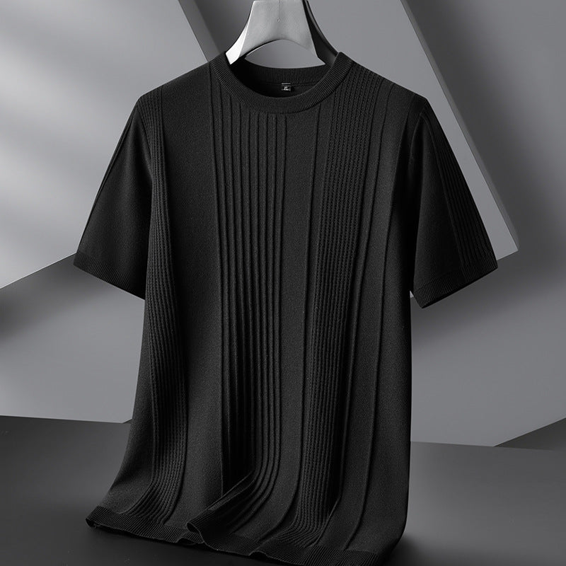 Men's Plus-sized Casual Round Neck Jacquard Sweater With Short Sleeves