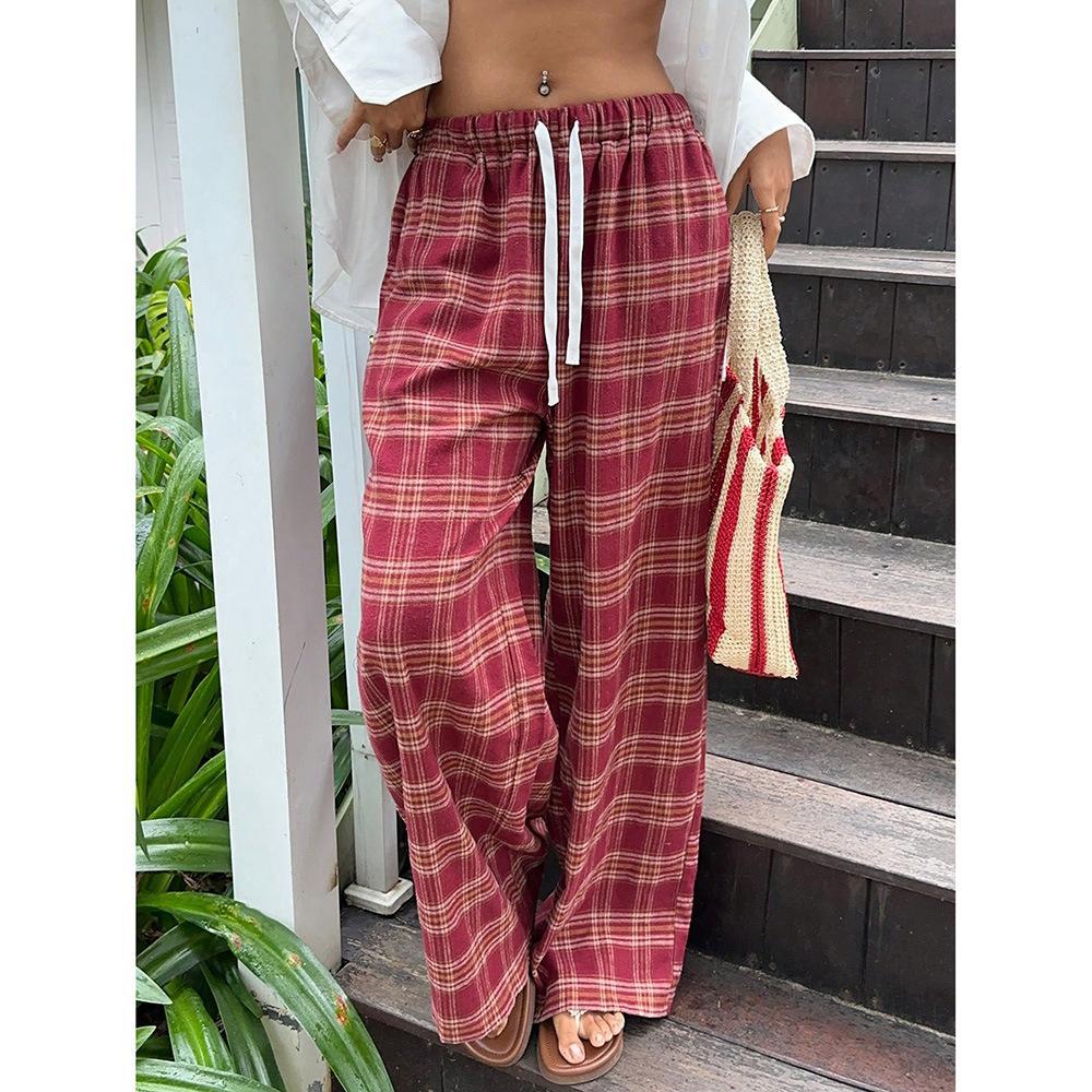 Womens Retro American-Style Color-Block Plaid Casual Pants