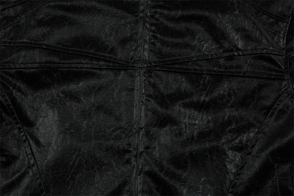 Men's Split Splicing Solid Color Loose Standing Collar Leather Jacket