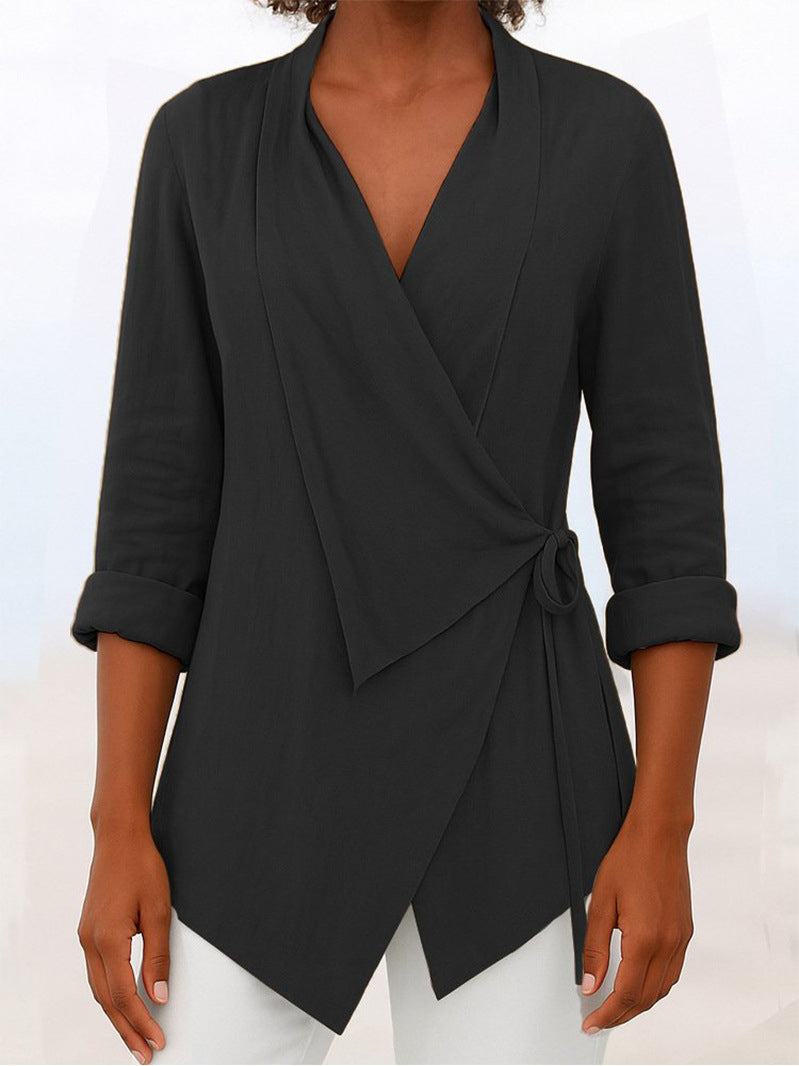 Women's Autumn And Winter V-neck Cotton And Linen Solid Color Shirt