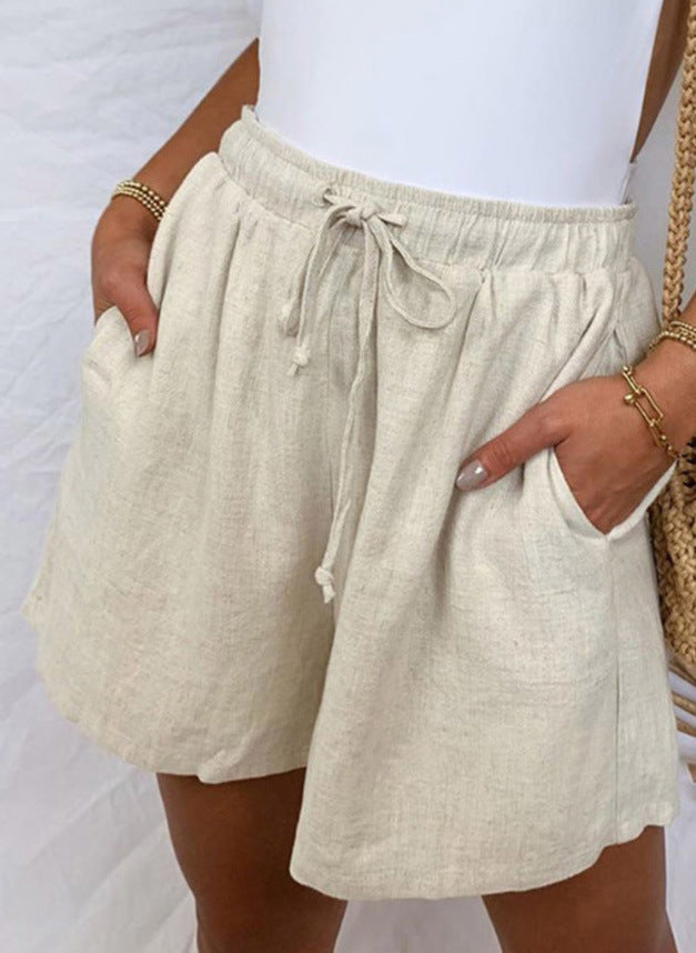 Cotton And Linen Solid Color Loose Casual Pocket Elastic Waist Lace-Up Shorts