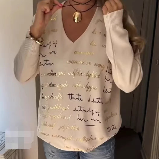 Solid-color Printed Letter Long-sleeve Top For Women