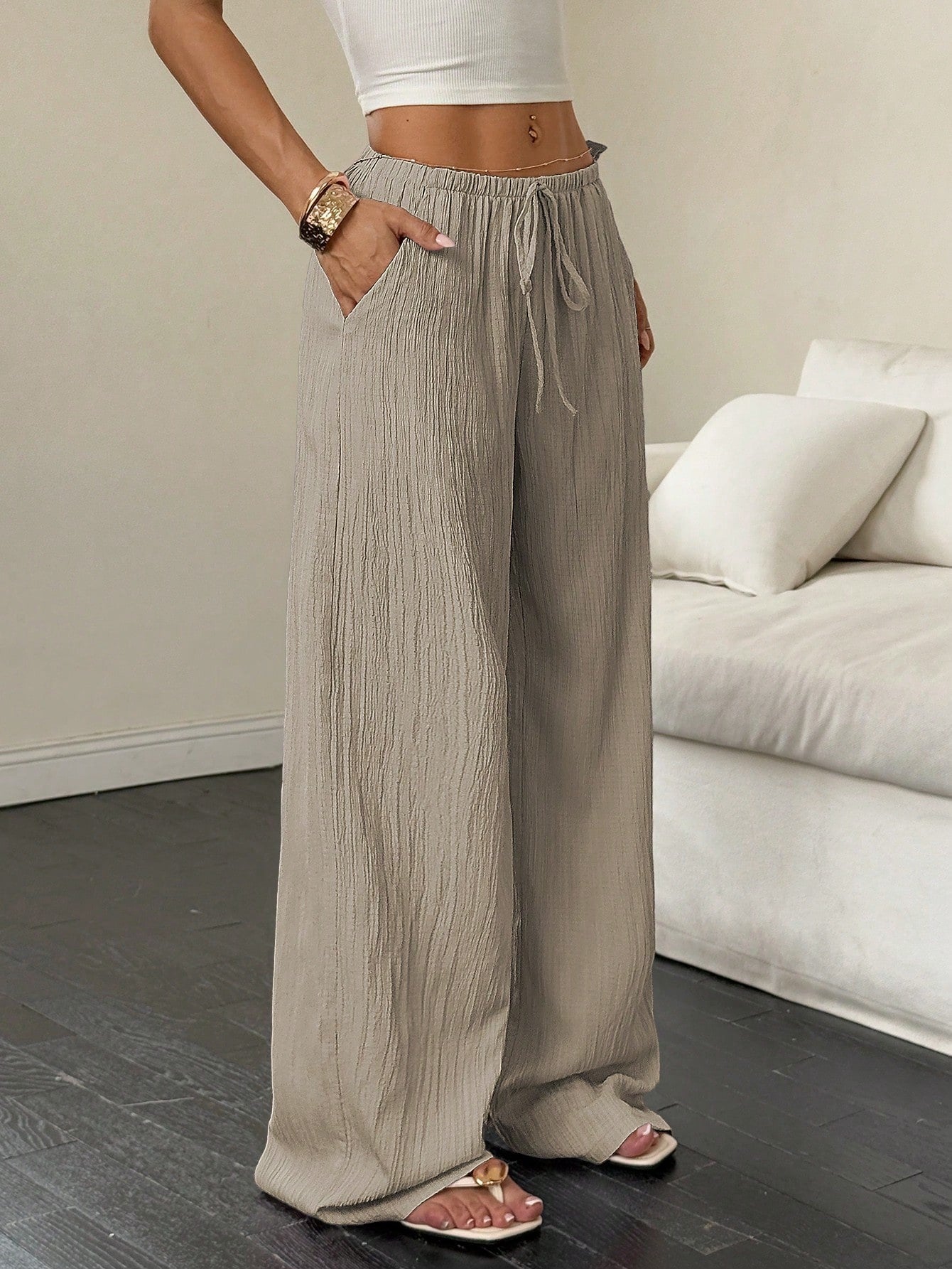 Flirla Women's Casual Versatile Solid Color Wide Leg Pants