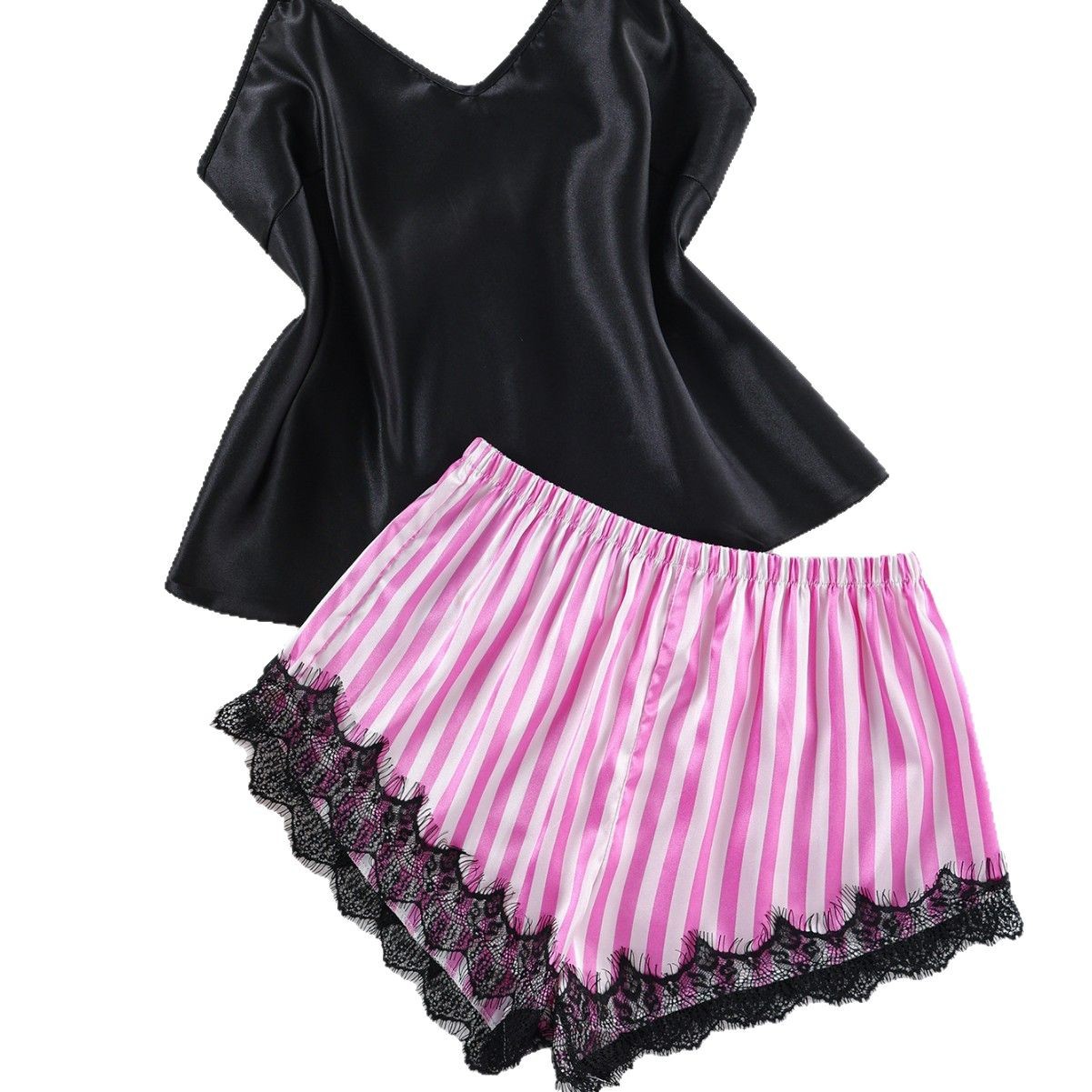 Womens Satin Pajamas Striped Cami Top And Shorts Lace Panel Design Set