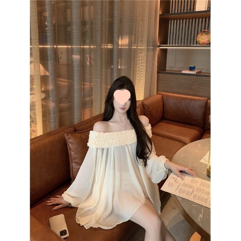 Off-shoulder Langærmet Chiffonskjorte Løs Mellemlang Tynd Top