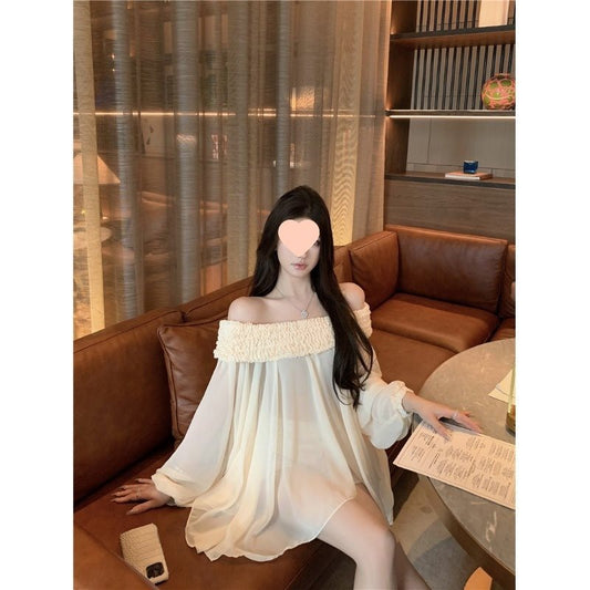 Off-shoulder Langærmet Chiffonskjorte Løs Mellemlang Tynd Top