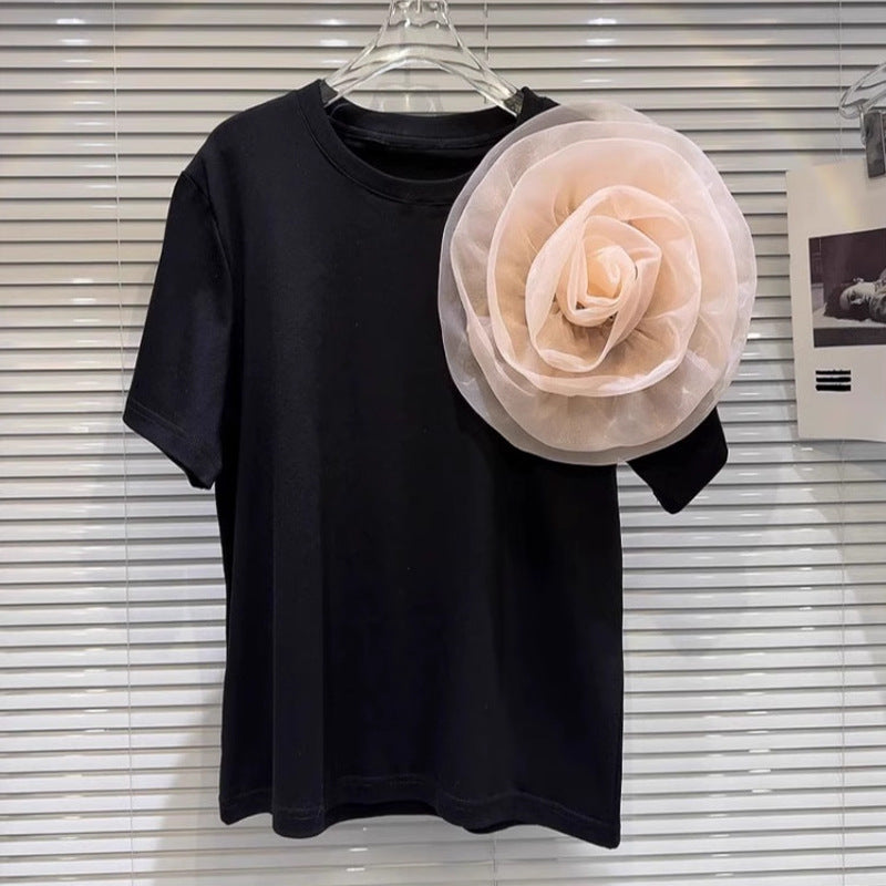 Round Neck Short Sleeve Three-dimensional Large Flower Decorative Pin Loose Designer Model T-shirt