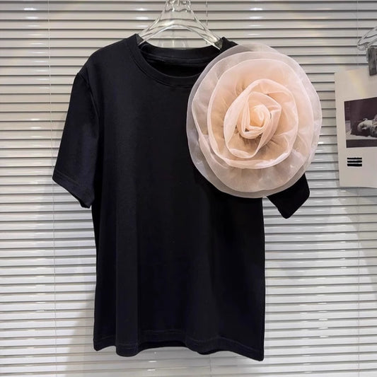 Rundhalset Kortærmet Tredimensionel Stor Blomster Dekoration Broche Løs Designermodellen T-shirt
