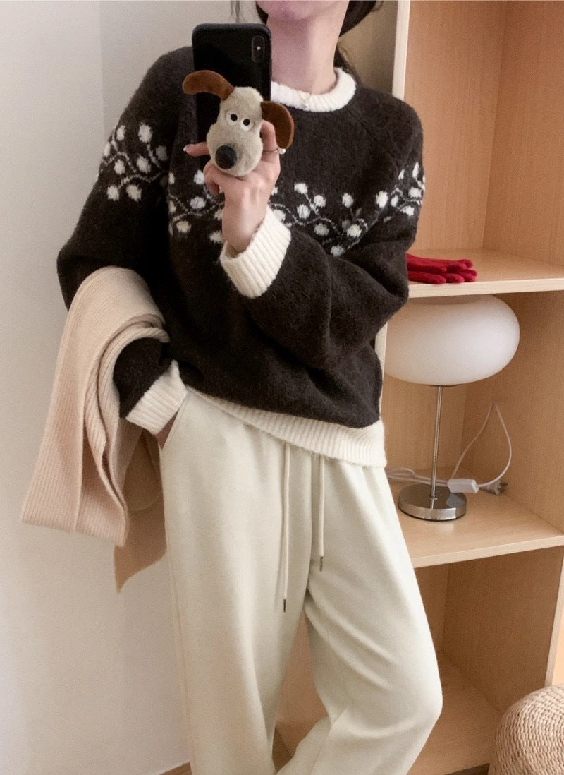 Korean Style Round Neck Jacquard Color Matching Niche Design Sweater