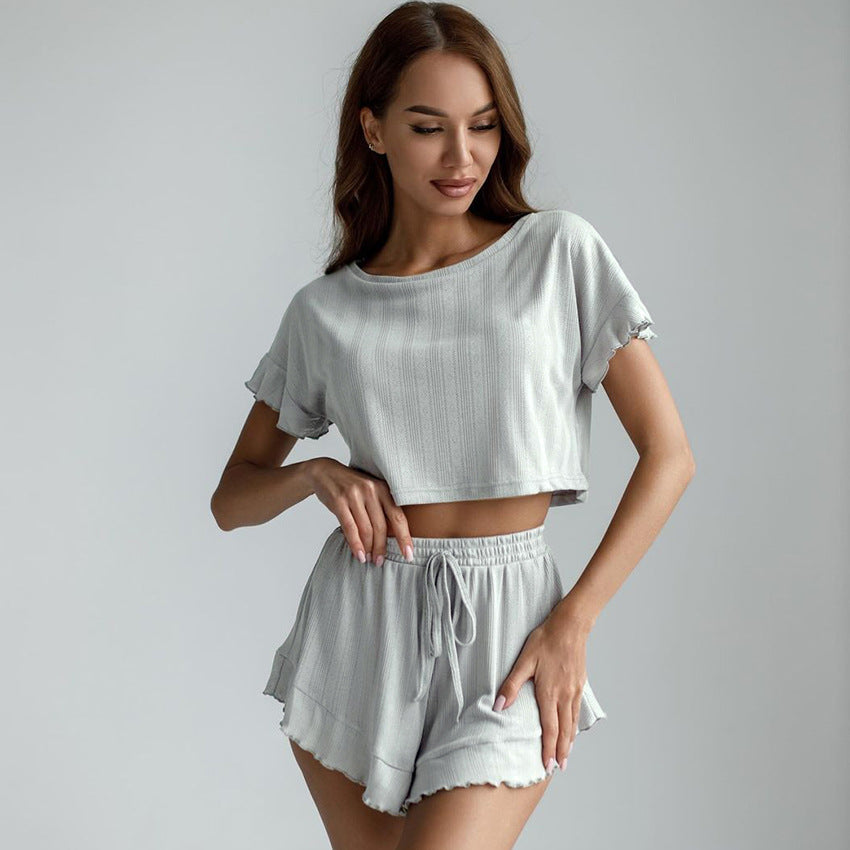 Round-neck Short-sleeve Shorts Home Ruffled Loose Pajama Set