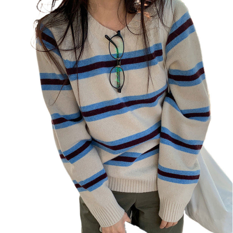Striped Contrast Color Round Neck Pullover All-matching Knitwear Sweater