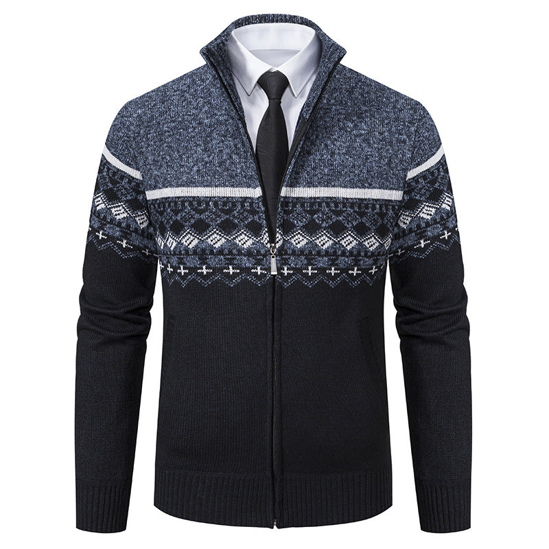 Men's Casual Stand-collar Sweater Coat With Fleece Lining And Color-blocking Design