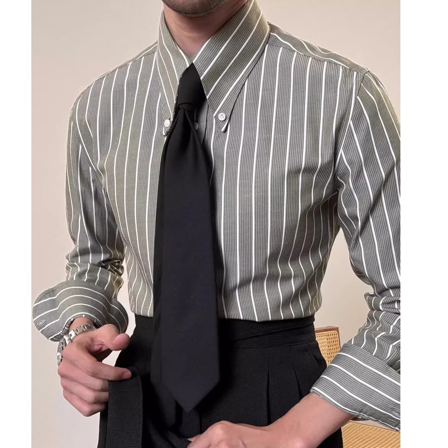 Mens Retro Casual White Striped Long-Sleeve Shirt