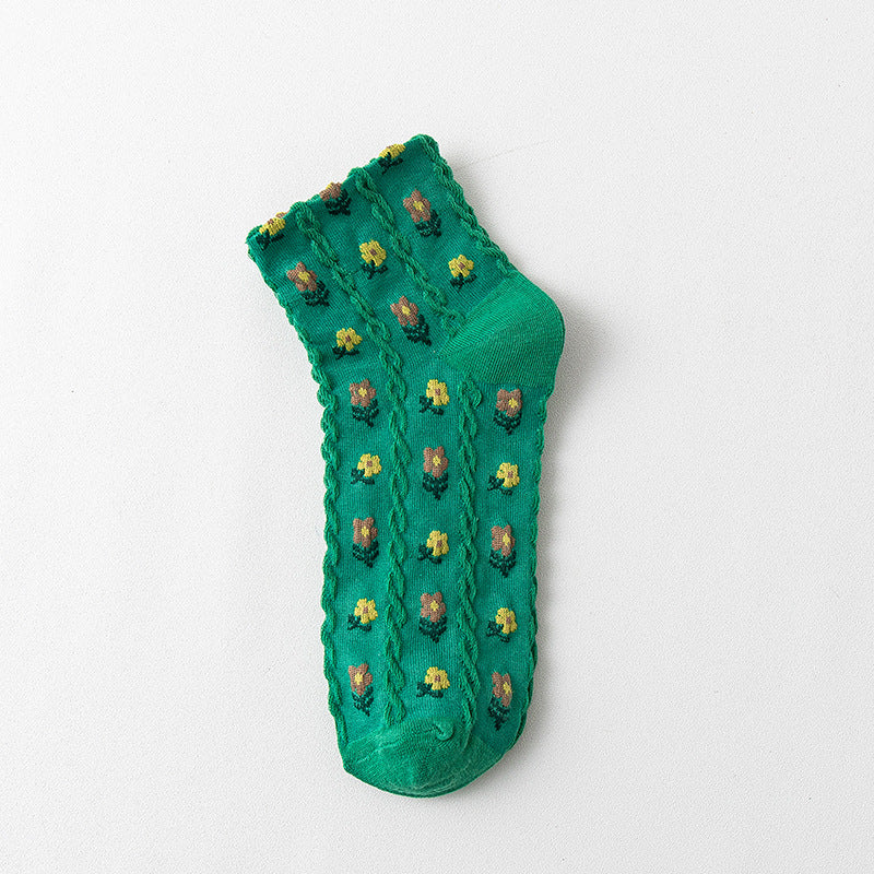 Small Floral Girl Cotton Socks Net Red Medium And Short Tube Student