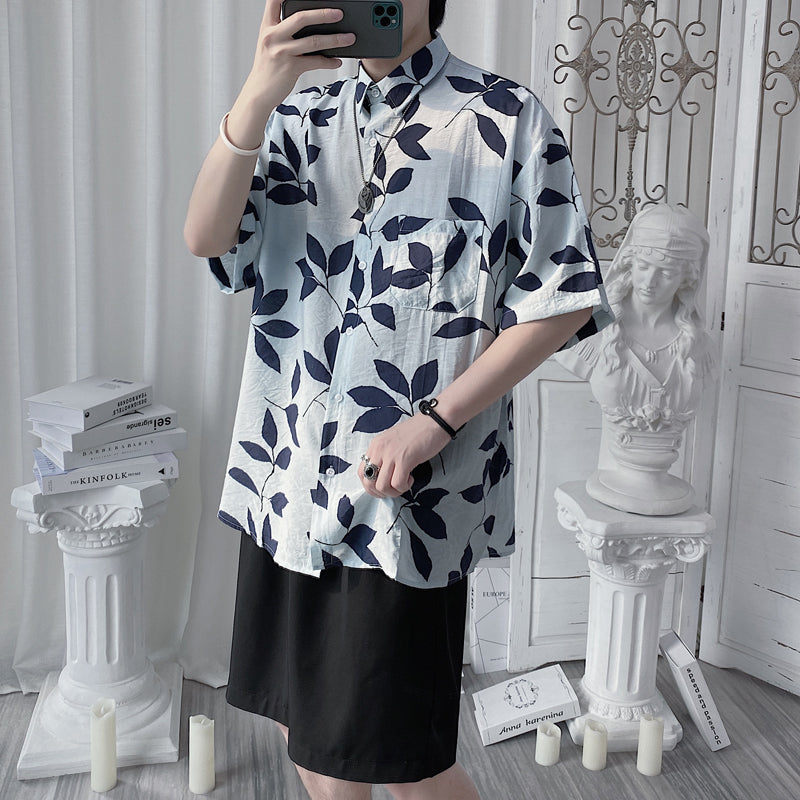 Summer Simple And Loose Full Printed Leaves Short Sleeves