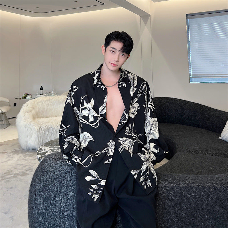 Black Shirt Men's Long Sleeved Loose And Lazy Floral Fragments