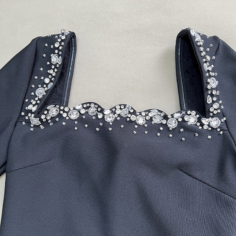 Sophisticated Square-neck Diamond-embellished Long-sleeve Bandage Dress