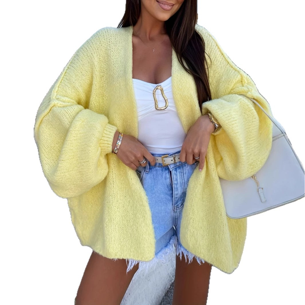 Autumn And Winter New Lantern Sleeve Outer Match Knitted Cardigan Women's Korean Style Lazy Style Bark Texture Sweater Baggy Coat