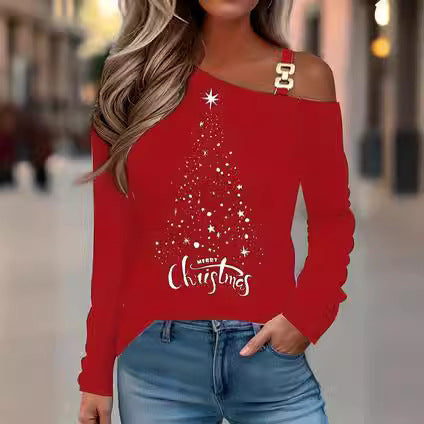 Casual Christmas Printed Long Sleeve Off-the-shoulder T-shirt