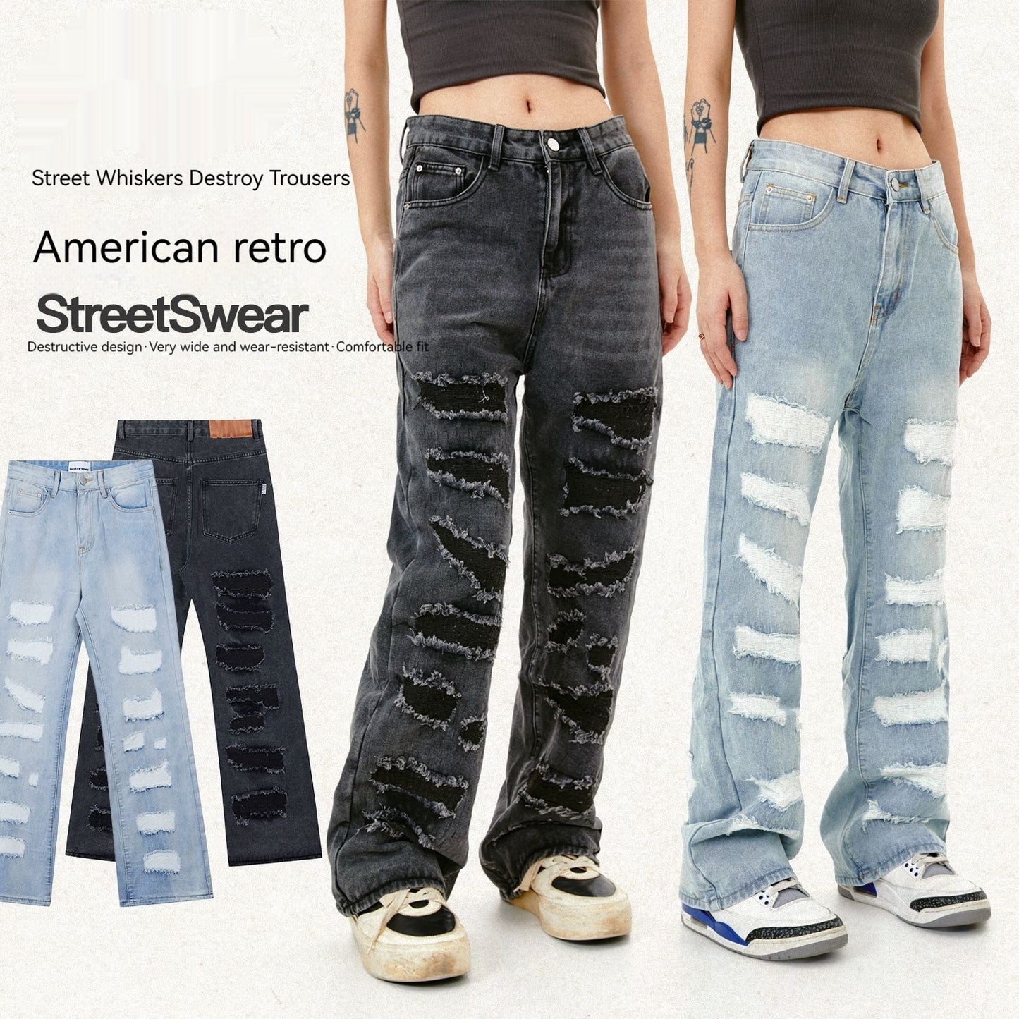 Street Mænds Tøj Vasket Slidt Kattehår Fritidsbukser Ødelagt Kvast Lige Jeans