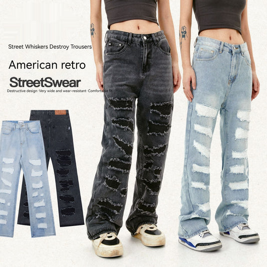 Street Men's Wear Washed Distressed Cat Beard Casual Pants Destroyed Tassel Straight Jeans