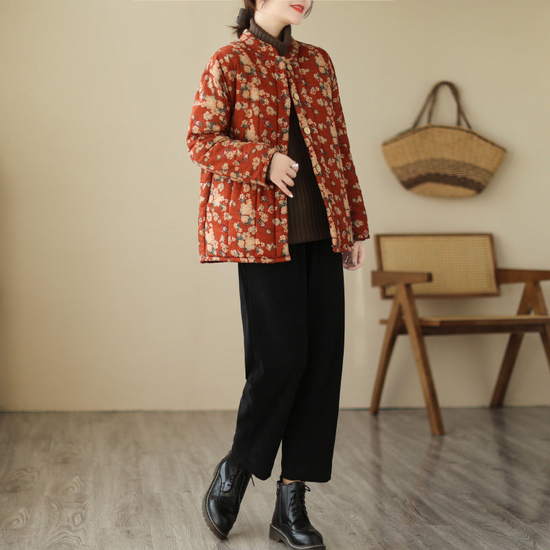 Floral Stand Collar Loose And Warm Cotton-padded Coat