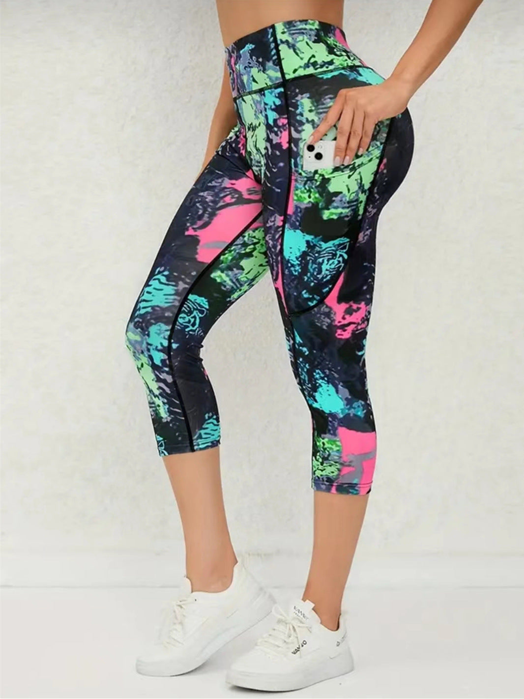 Bukser, maveindsnørende, hofteløftende yogatræning, bar fornemmelse, stramme leggings med print
