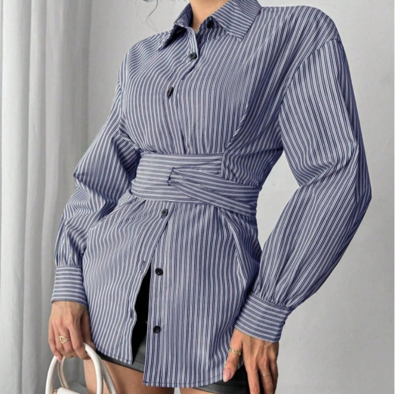 Womens Fashion Irregular-Waist Belt Long-Sleeve Shirt