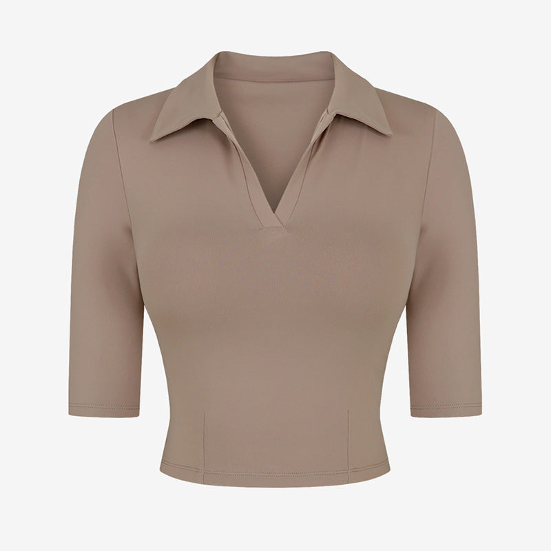 Sexy Slim Fit Short Sleeve Yoga Suit T-shirt Polo Collar Top Nylon Nude Feel Exercise Workout Clothes