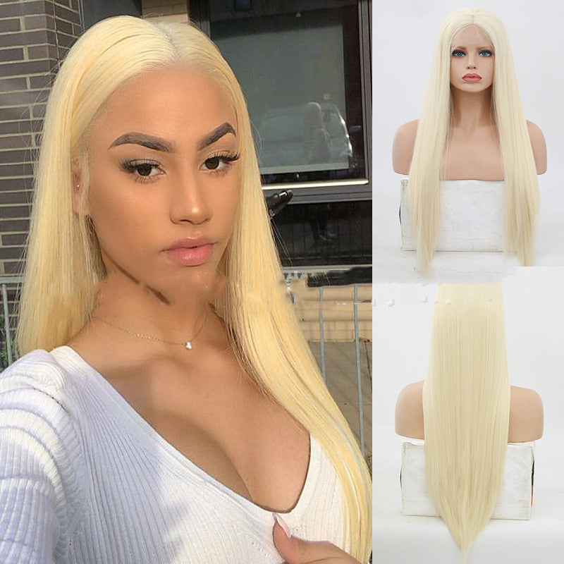 Dame Guld Front Lace Håndhæklet Paryk Lang Glat Hårdækning