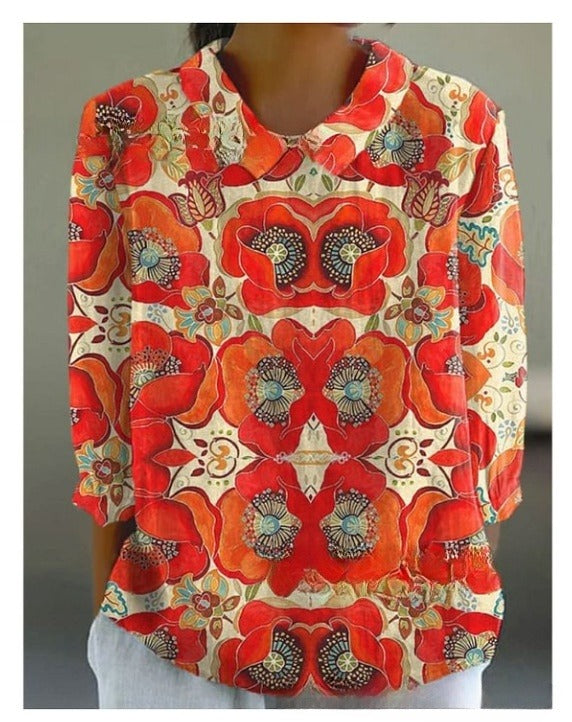 Loose Printed Crew Neck Casual Plus Size Women's Shirt