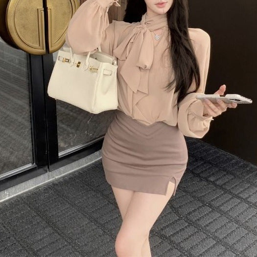 Lantern-sleeve Chiffon Blouse For Women Springautumn, Pure And Alluring French Style