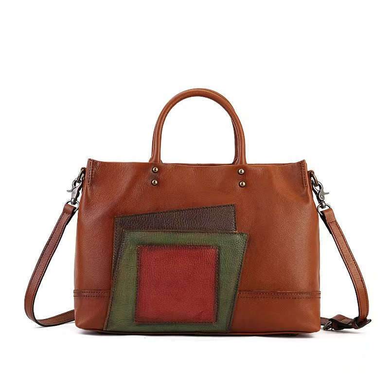 Skuldertaske med stor kapacitet i national stil, trendy patchwork og litterært look til kvinder
