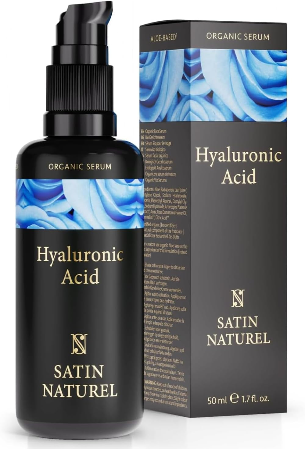 Satin Naturel Serum Facial Acido Hialuronico Orgánico 50Ml, Hidratante, Antiarrugas, Antimanchas Vegano - Piel, Cara Y Contorno De Ojos - Crema Hidratante Facial Mujer - Serum Acido Hialuronico