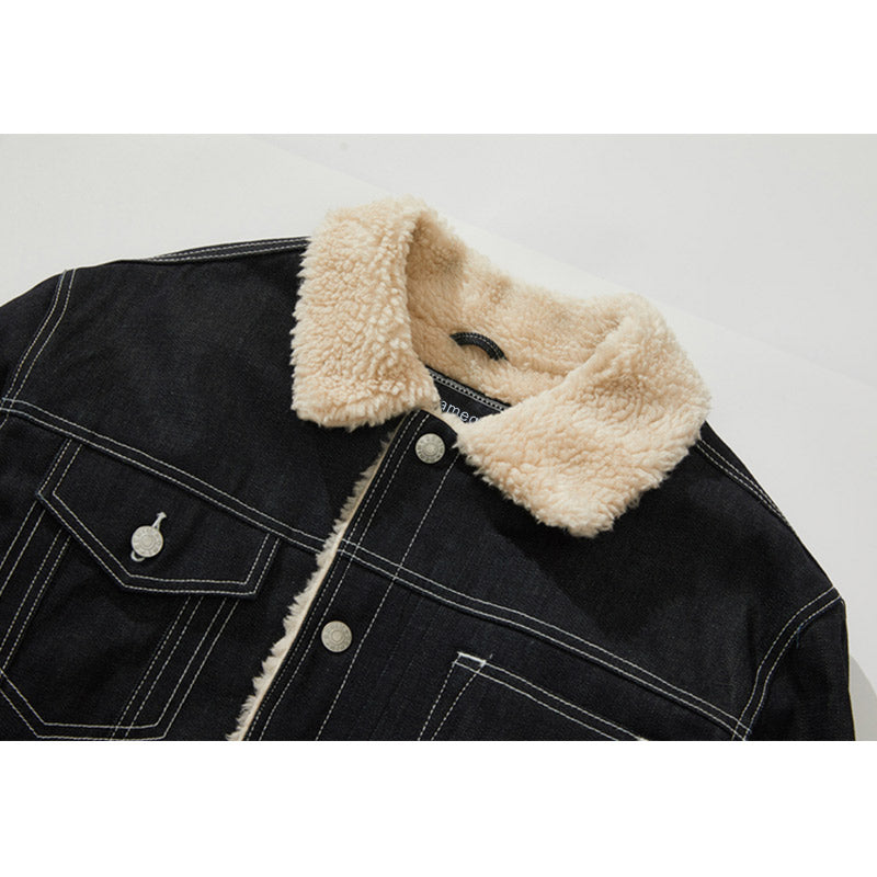 Men's And Women's Plus Velvet Thick Denim Embroidered Cotton Jacket