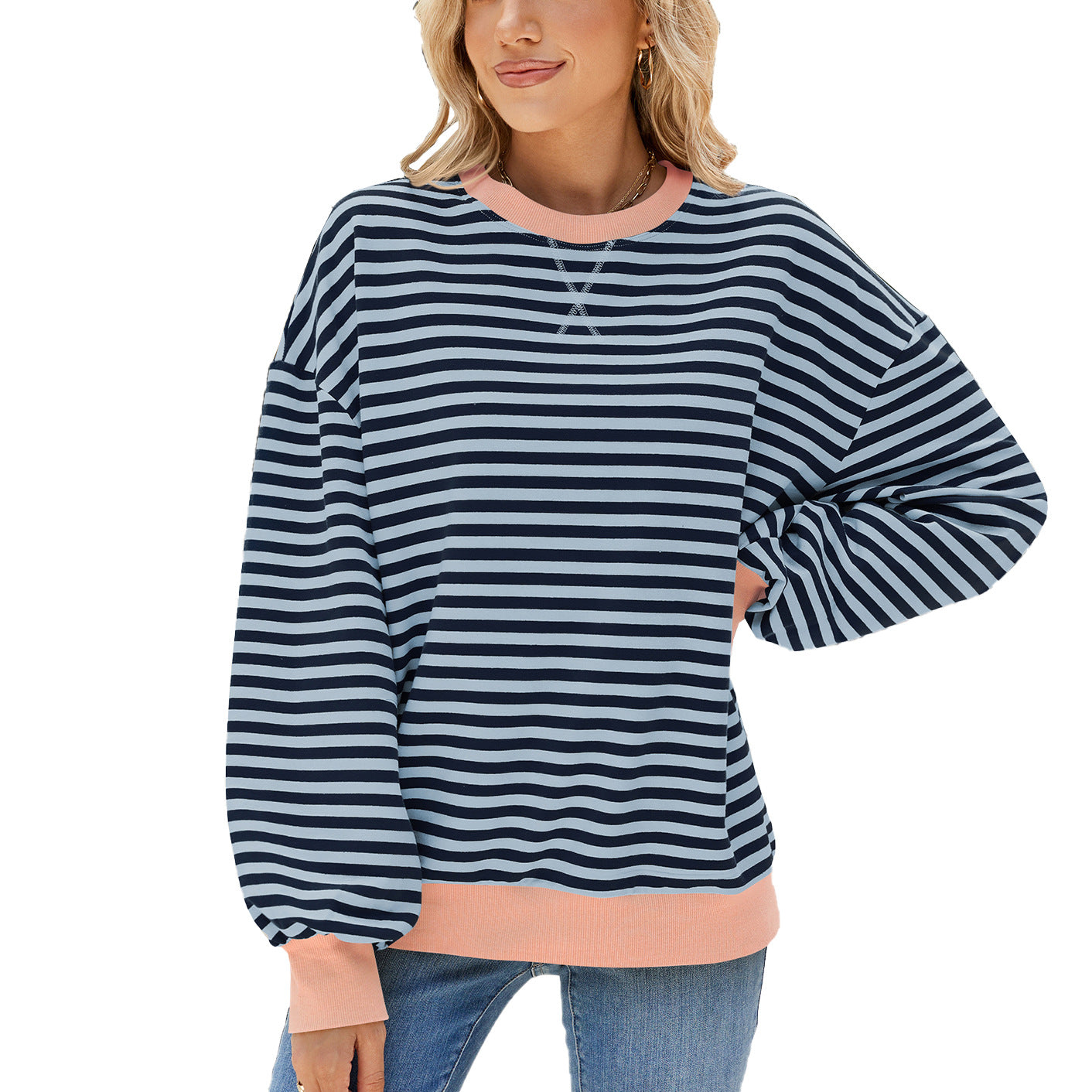 Kvinder Stribet Rund Hals Kontrastfarve Løs Langærmet Sweatshirt