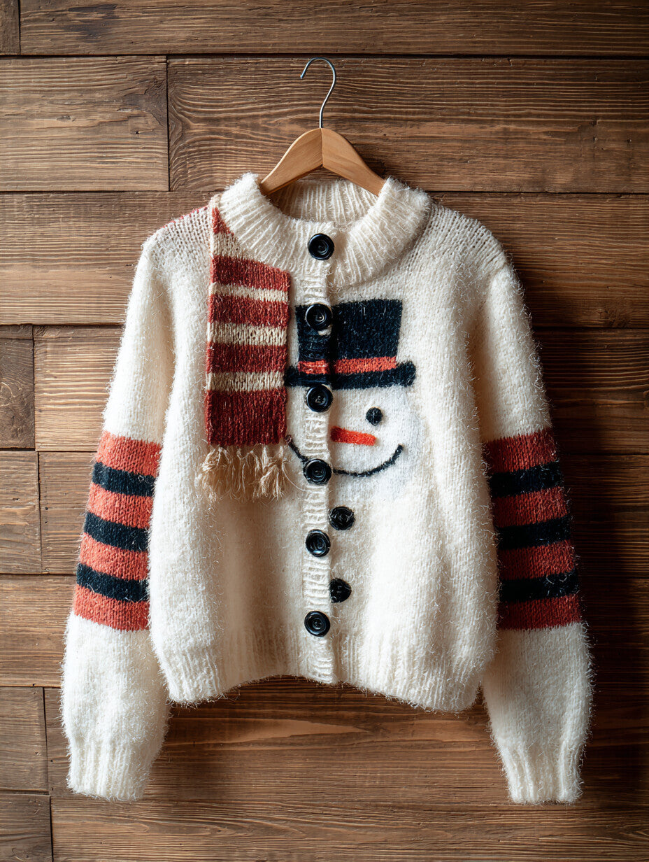 Knitted Cardigan Sweater Coat In A Snowman Style Short Length Single Breasted With A Crew Neck