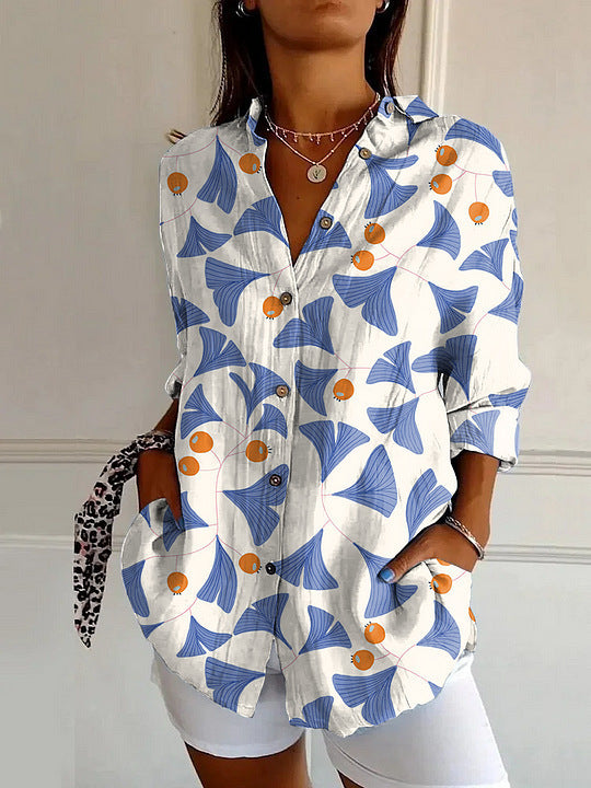 Womens Floral And Green Leaf-print Long-sleeve Blouse