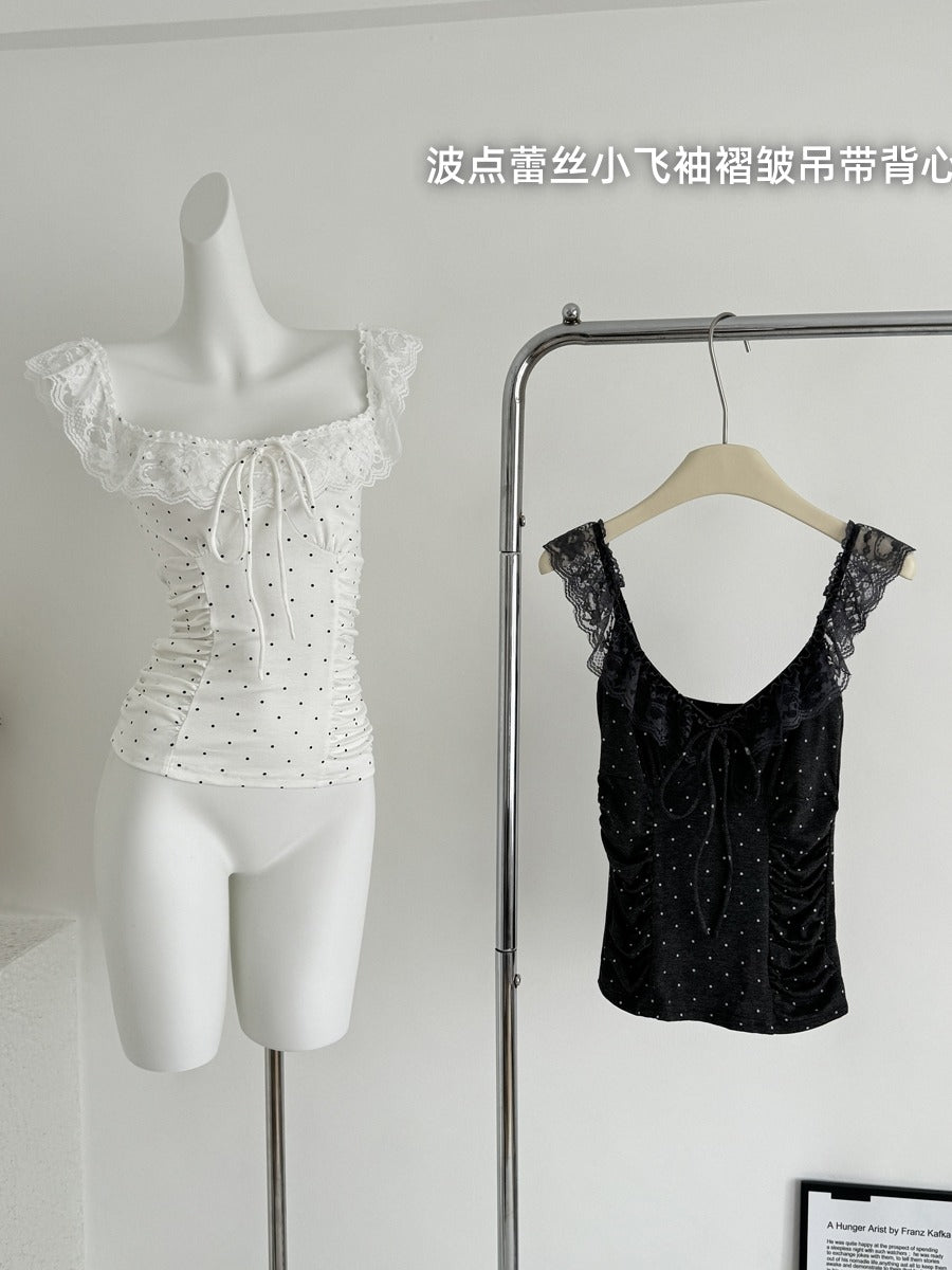 Lace Cap-sleeve Ruffled Polka-dot Camisole Women's Slim-fit Cropped Top