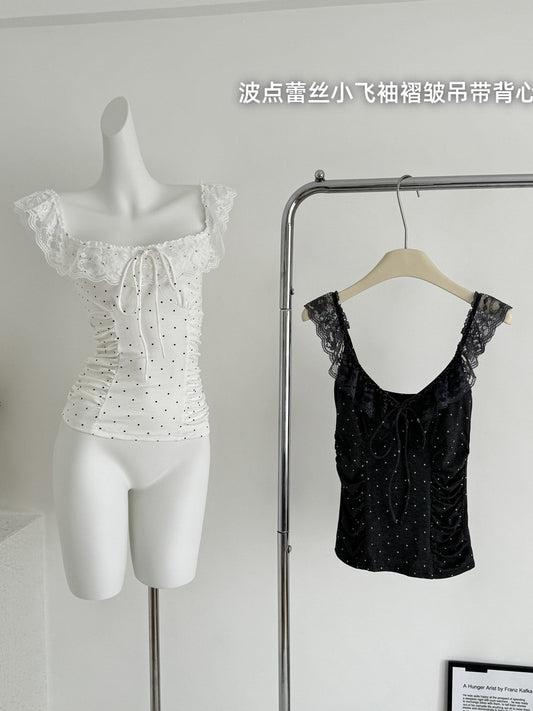 Lace Cap-sleeve Ruffled Polka-dot Camisole Women's Slim-fit Cropped Top