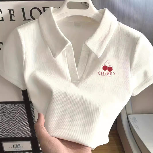 Women's Fashion Casual White Cherry Printing Lapel Short Sleeve