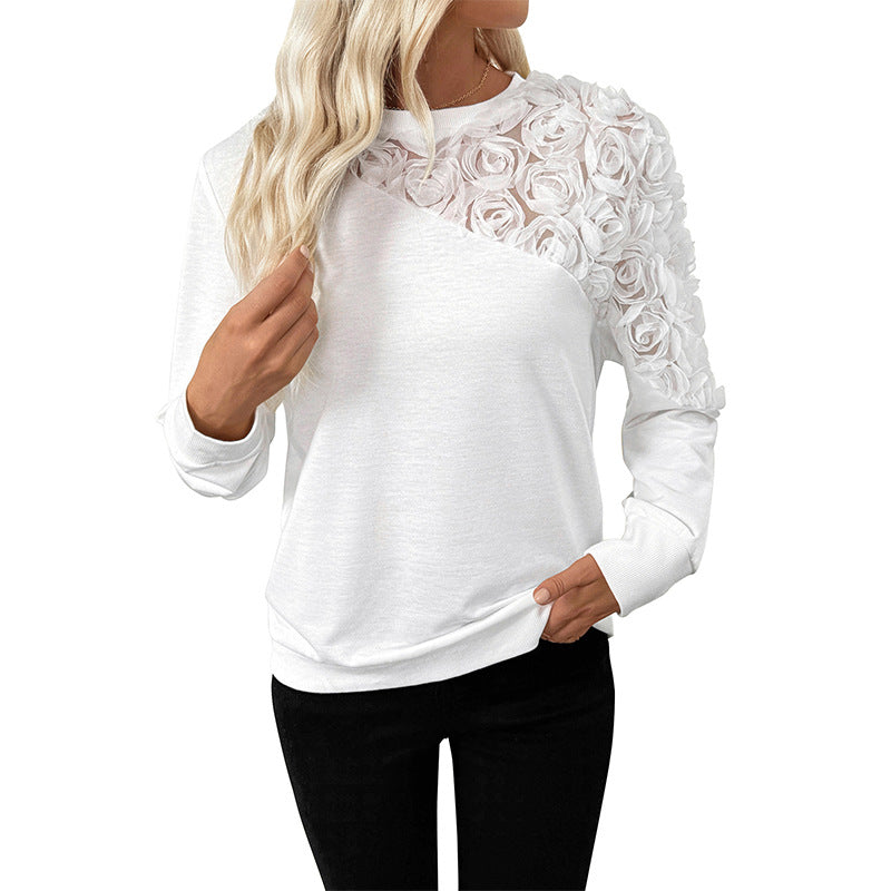 Rose Three-dimensional Flower Decorative Long Sleeve Solid Color Hoodie Women