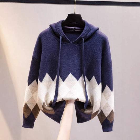 European And American-style Hooded Sweater Loose-fit Diamond-patterned Base Knit Top