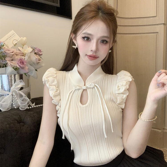 Ny kinesisk stil retro spænde puffærmer elegant top