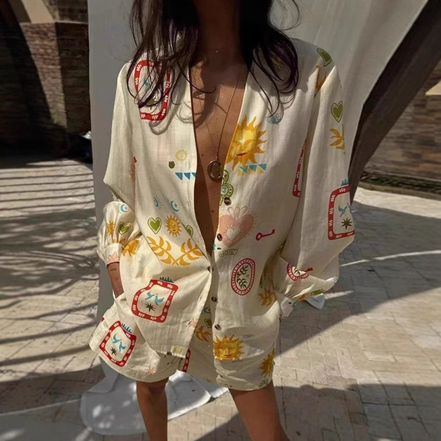 Womens Printed Vacation Shirt Set