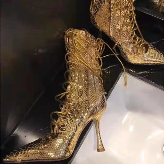 Pointed-toe Hollowed Strap Zip High Heel Boots