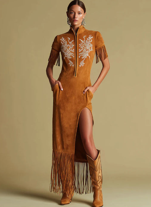 Western Retro Embroidered Brown Fringe Maxi Dress