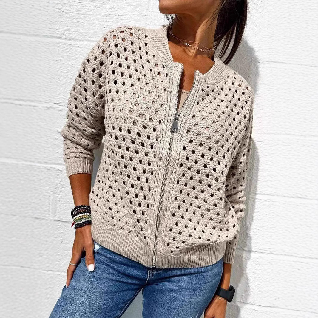Fashion Hollow Knitted Jacket Zip-up Long-sleeved Tops Women's Clothing