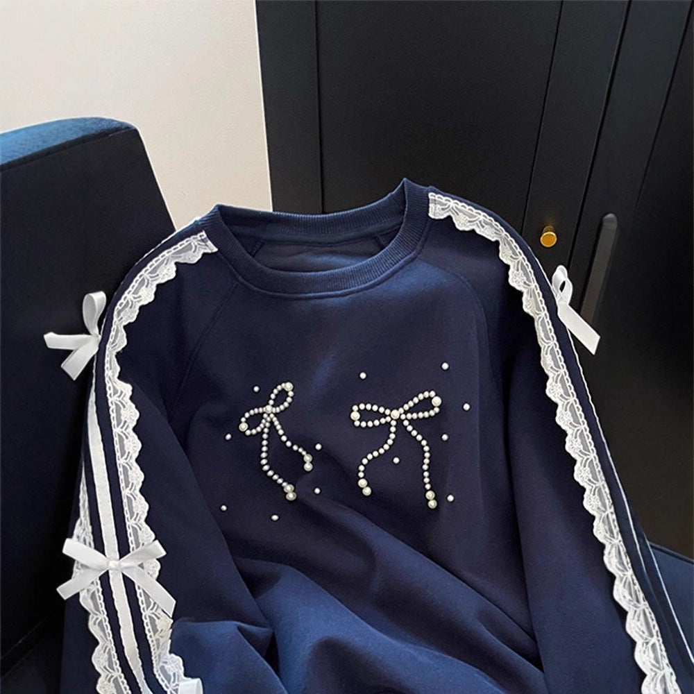 Patchwork Beaded Bow Neckline Women's Korean-style Design Top