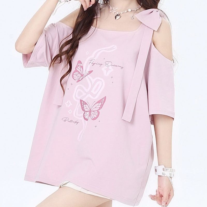 Women's Off-the-shoulder Bow Printed Short Sleeve